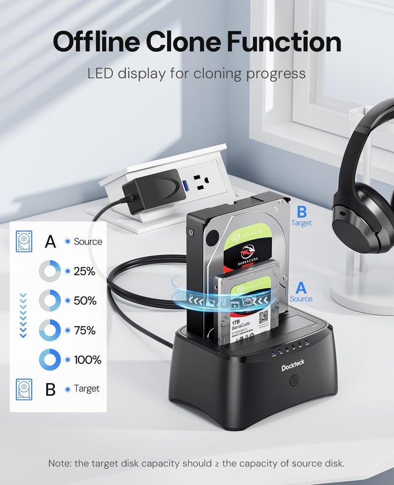 Dockteck Hard Drive Docking Station, USB 3.0 to SATA Dual Bay External Hard Drive Enclosure for 3.5 or 2.5 inch SATA HDD SSD with Offline Clone - Image 4
